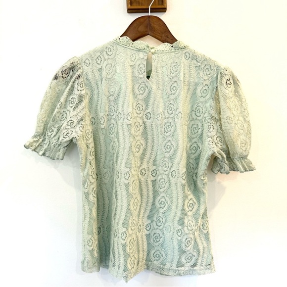 Simplee Puff Sleeve Keyhole Back Lace Blouse SMALL Green Feminine Coquette Fairy - Picture 6 of 14